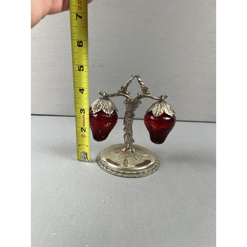 Vintage Kitschy 1950s Glass Strawberry Salt & Pepper Shakers w/ Silver Stand - Picture 10 of 12